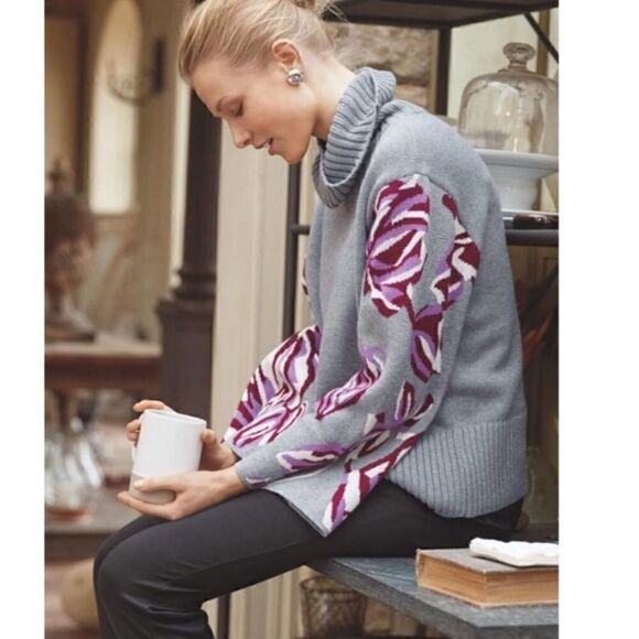 NEW CABI Gray Floral Turtleneck Sweater - Picture 1 of 3